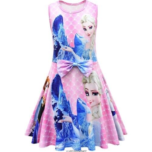 Summer Kids Baby Clothes Animal Print Disney Frozen Princess Dress Sleeveless Pleated Cotton Casual Party Girls Christmas Dress