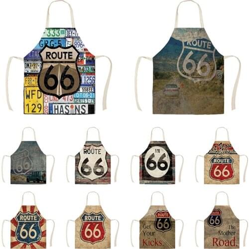 Linen The Monther Road 66 Print Kitchen Aprons Unisex Dinner Party Cooking Bib Funny Pinafore Cleaning Apron WQD343