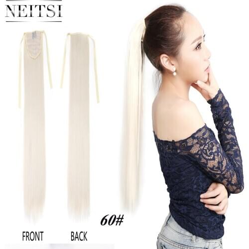 Neitsi 22'' Synthetic Ponytail Hair pieces Heat Resistant Fiber Straight Ribbon Clip In Hair Extensions Pony Tail Color 60