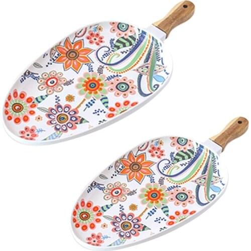 Nordic Dinner Plate Ceramic Steak Salad Tray with Wooden Handle Household Decoration Oval Dinner Plate