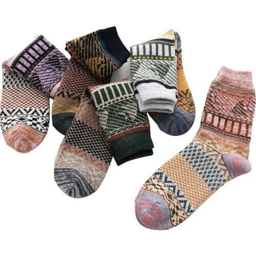 5 Pairs Ladies Women Autumn Winter Thickened Warmth Wool Stripe Printing Socks
