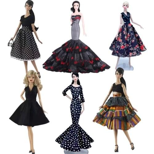 1/6 BJD Doll Clothes Classic Black Floral Polka Dot Dress For Barbie Accessories Princess Party Gown Kids Toy Girl Gifts Cosplay