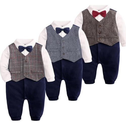 Newborn Infant Clothing 2019 Autumn Baby Rompers Gentleman Plaid Boys birthday suit Jumpsuit Baby Clothes Outfits 0-2 Year