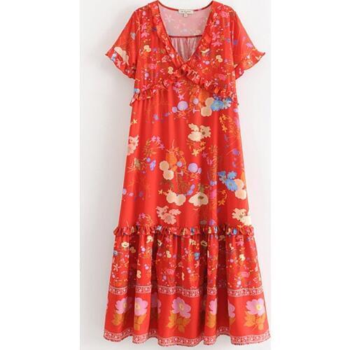 PERHAPS U Red Floral Flower Print V Neck Short Sleeve Sexy Summer Maxi Long Dress D1316