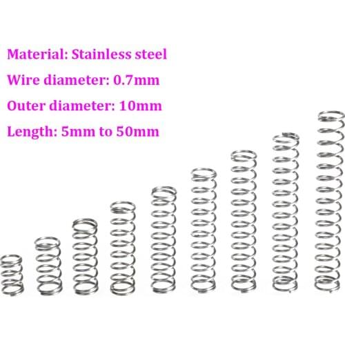 Wire Dia 0.7mm Stainless Steel Compression Spring OD 10mm Pressure Spring Length 5mm - 50mm