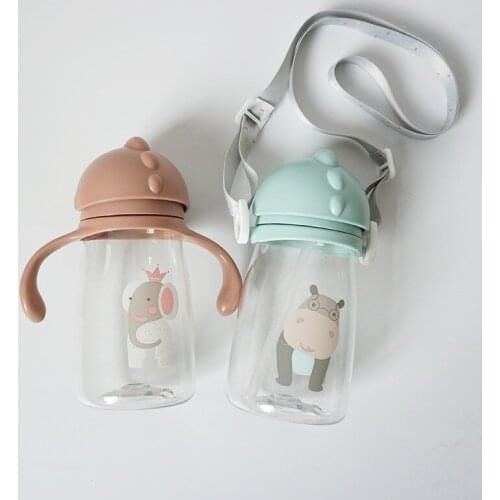 Baby Kids Cartoon Animal School Drinking Water Straw Bottle Straw Sippy Toddler Children Feeding Cup With Shoulder Strap 420ml