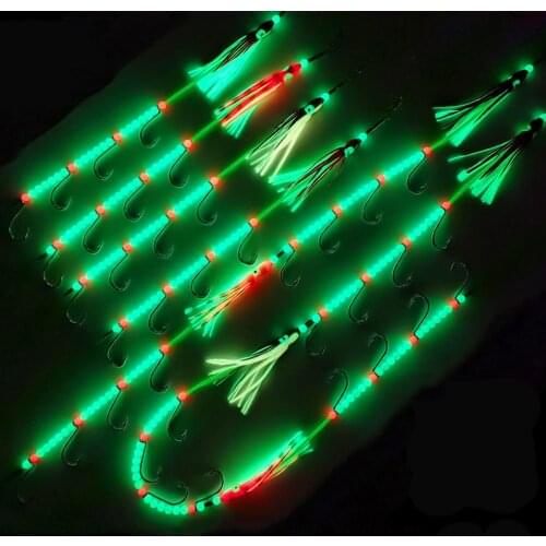 Luminous String Fishing Hook Squid Head Soft Bait Bass Night Fishing Lures Sea Fishing Tackle Saltwater Carbon Steel Sharp Hooks