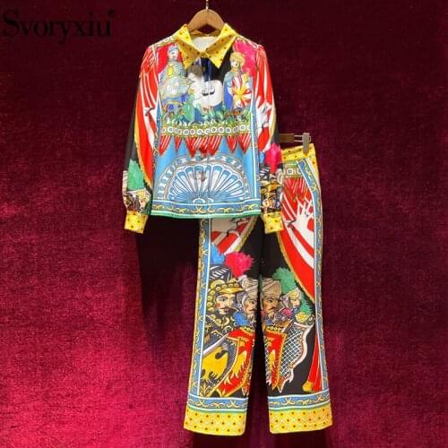 Svoryxiu 2021 New Autumn Fashion Runway Two Piece Set Womens Vintage Warrior Print Lantern Sleeve Blouse + Wide Leg Pants Suit