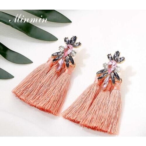 Minmin Vintage Bohemian Long Drop Tassel Earrings for Women Statement Flower Crystal Retro Ethnic Fringe Earrings Jewelry EH1688