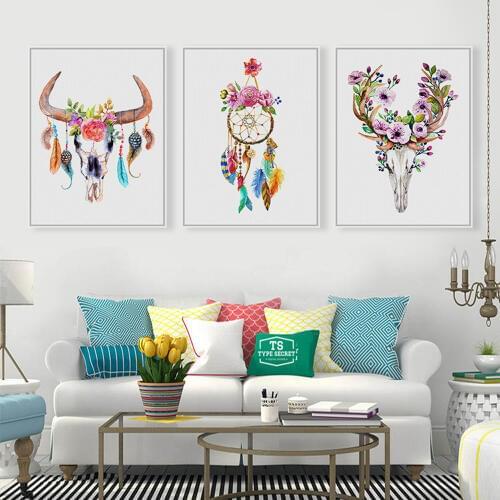 Vintage Retro Animal Deer Head Skull Feather Dream Catcher A4 Art Prints Posters Wall Picture Canvas Painting Living Room Decor
