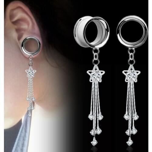 2 Pcs/Pack Crystal Star Dangle Ear Plugs and Tunnel Ear Gauges Srew Fit Ear Reamer expansiones de oreja Flesh Piercing 4-25mm