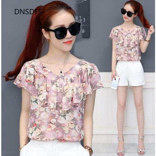 Floral Printed Summer Shirts Office Blouse Women Fashion Short Sleeve Chiffon Shirt Korean Simple V Neck Ruffle Chic Top Female