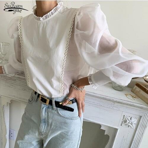 Autumn New Plus Size All-match Shirt Oversize Puff Long Sleeve Women Blouse Vintage Wood Ear Shirt Loose Tops Solid Blusas 15897