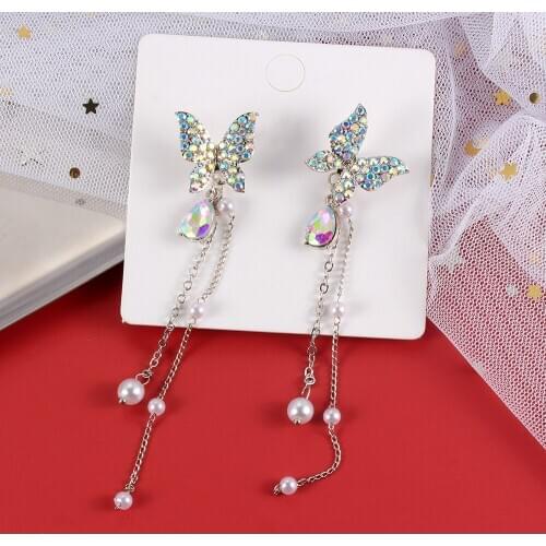 Women Earrings Fashionable Banquet Earrings Designed For Women Butterfly Full Diamond Pearl Tassel Long Earrings Send Girlfriend
