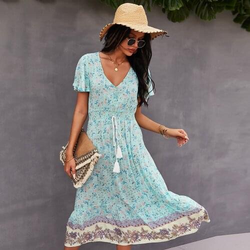 2021 Fashion Spring New Bohemian Floral Dress Women Casual V Neck Tassel Bandage Print Dress Ladies High Waist Summer Dresses