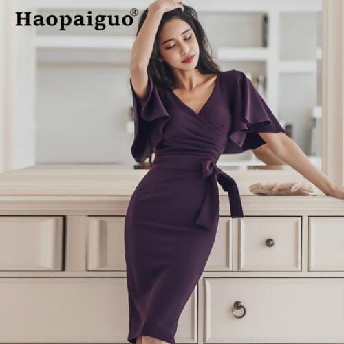 Plus Size Solid Bandage Bodycon Women Dress Summer 2019 Ruffles Vintage Dress Women V-neck Short Sleeeve Vestidos De Verano