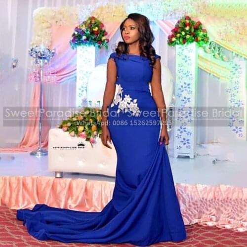 Chic White Appliques Mermaid Evening Dresses Robe De Soiree De Mariage 2021 Royal Blue Long Sweep Train Prom Dress Party Gown
