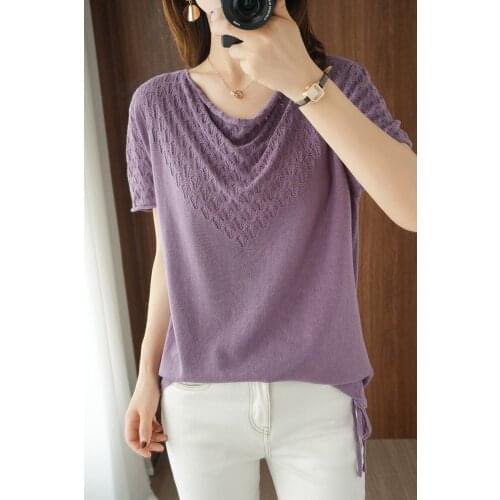 Zocept Summer Hollow Short Sleeved Sweater Womens Casual Worsted Pure Cotton Knitted T-Shirt Solid Color All-Match Pullover Top