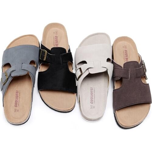 2020 New Mens Leather Mule Clogs Slippers High Quality Soft Cork Flip Flops Buckle Slides Footwear For Men Women Unisex 35-46