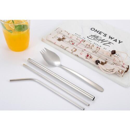 3pcs Stainless Drink Straws Set with carry Bag +2pcs cleaner brush+1 pc spoon , bar accessories reusable straw