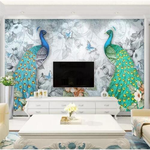 3D auspicious peacock flower butterfly TV background professional production mural wallpaper wholesale custom poster photo wall