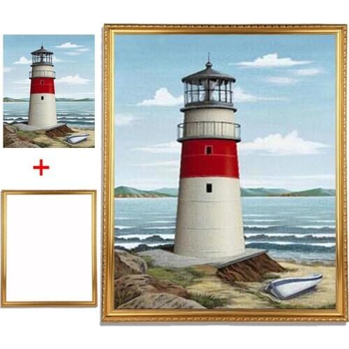 Framed diamond embroidery Lighthouse by the sea diamond painting cross stitch crafts diamond round needlework home decor