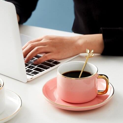 White Pink Green Ceramic Coffee Mug Luxury Porcelain Gold Handle Cup and Saucer Spoon Set INS