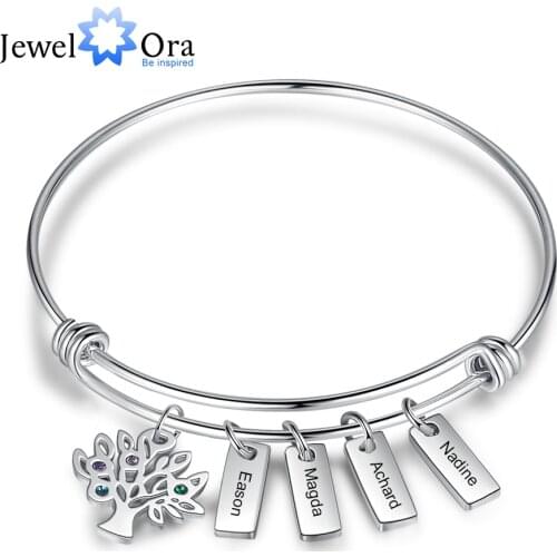 Stainless Steel Personalized Engraved Name Tags Bracelet with Family Tree Custom 2-7 Birthstone Tree of Life Bangles for Women