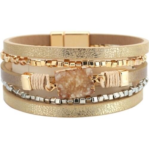 ORNAPEADIA Hot Sale Bohemian Multi-layered Wide-sided Leather Crystal Stone Bracelet for Women Leather Braided Magnetic Bracelet