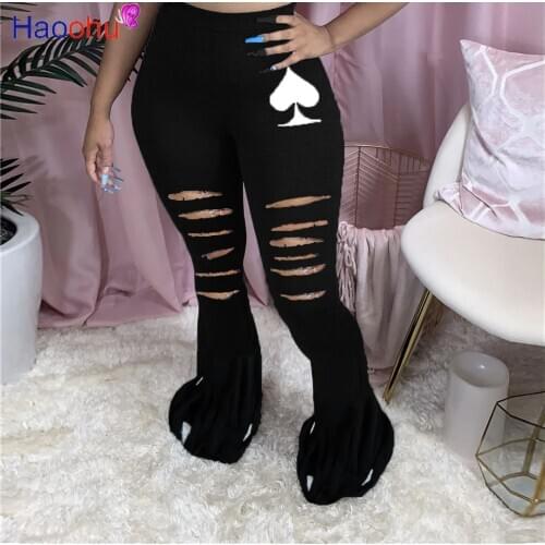 Hollow Out Poker Card Print Skinny Trouser Women Fashion High Waist Bell Bottom Pant Autumn Elastic Hight Flare Sweatpant Jogger