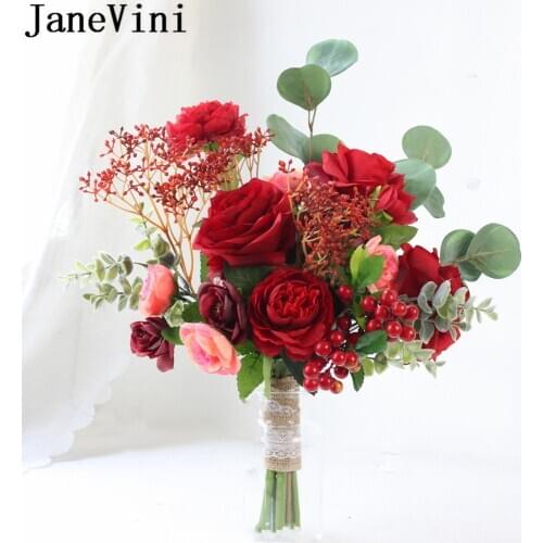 JaneVini Red Flower Bride Bouquet Artificial Peony Sunflower Eucalyptus Yellow Wedding Bridal Hand Bouquets Bridesmaid Roses