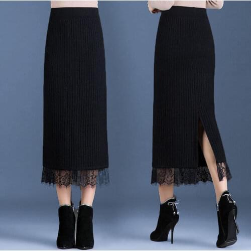 Black Lace Knitted Womens Autumn and Winter High Waist Slit Wool Woman Skirts Faldas Jupe