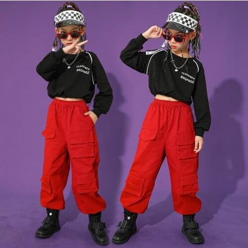 Kids Hip Hop Dance Clothes Black Sweatshirt Red Cargo Pants For Girls Long Sleeves Rave Wear Modern Jazz Dance Costume BL6863