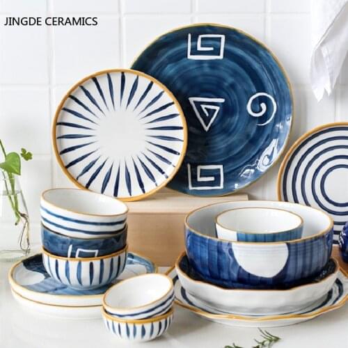 Ceramics Cutlery Japanese Blue White Porcelain Round Plate Bowl Dish Tableware Household restaurant Kitchen Supplies Utensils