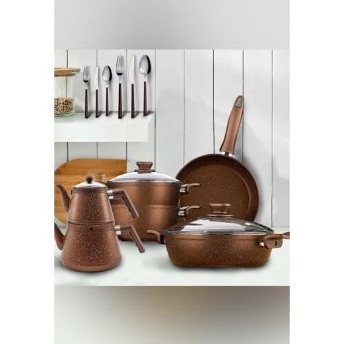 46 piece Granite cookware Steel cookware Dowry Set Brown karnıyarık cookware spoon çatak knife set teapot