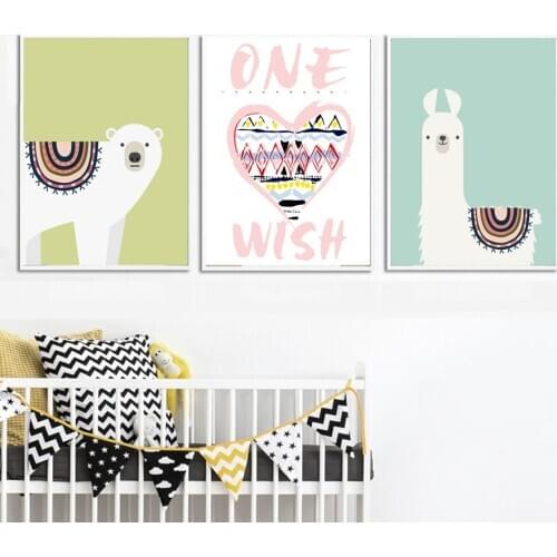 Polar Bear Alpaca Cute Cartoon Style Painting Childrens Room Living Room Decoration Wall Canvas Poster Painting Warm Home Decor