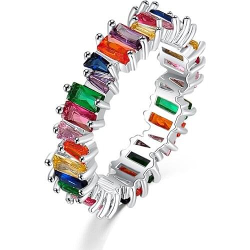 MIQIAO White Gold Plated Color Square Crystal Stone Full Luxury Zircon Heartbeats Vintage Boho Rings for Women Couple Jewelry