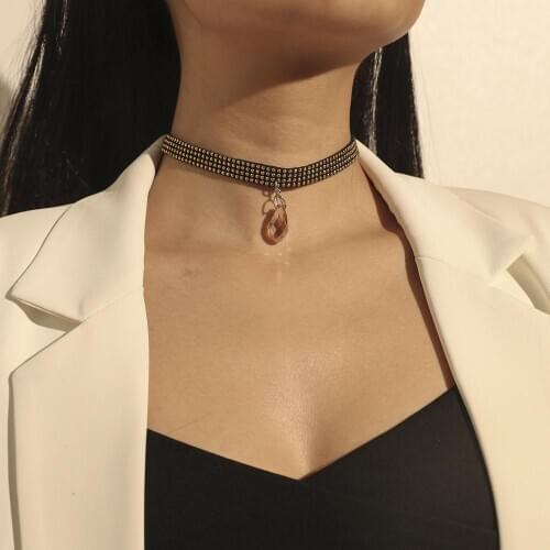 Fashion Yellow Crystal Pendant Choker Necklace for Women Wedding Stretch Rhinestone Statement Necklace Accessories Jewelry