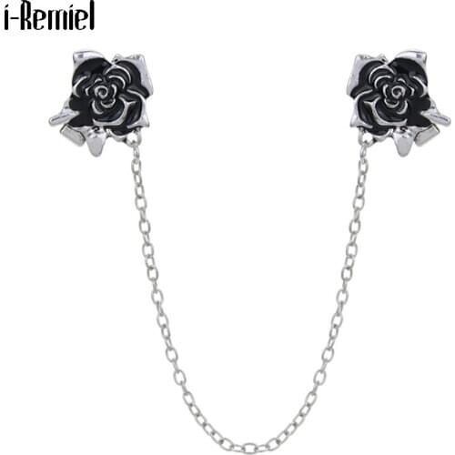 Fashion Vintage Brooch Black Rose Flower Drop Oil Enamel Pins Collar Clip Shirt Tassel Chain Men Women Suit Corsage Accessories