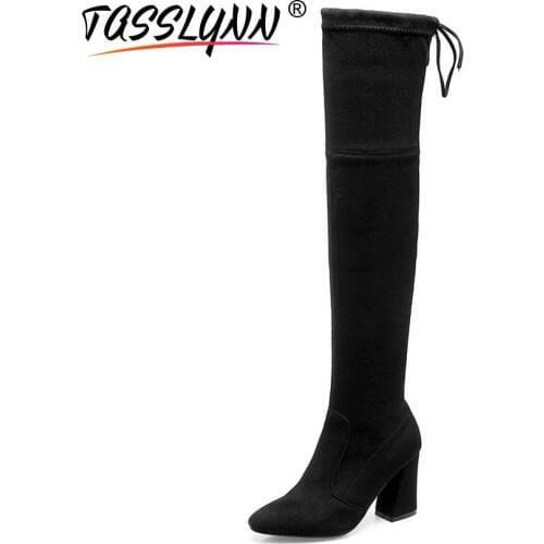 TASSLYNN 2018 Women Boots Hoof High Heels Spring Autumn Boots Over The Knee Boots Flock Sewing Lace Up All Match Ladies Boots