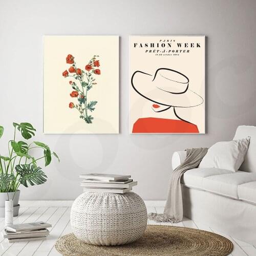 Nordic Fashion Woman with Hat Poster Prints Moderm Red Flower Wall Art Picture Bedroom Home Decoration HD Image