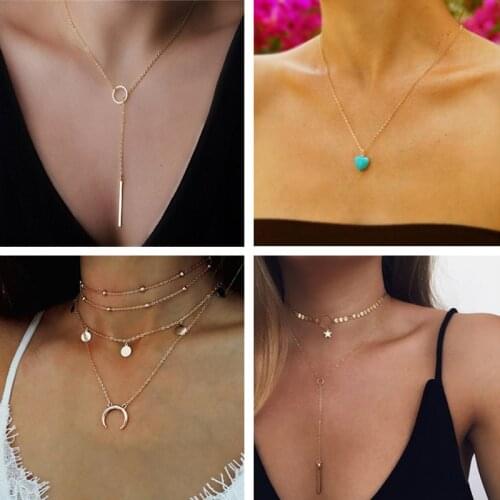 Tenande Bohemian Clavicle Chain Multi Layer Moon Cross Stars Leaves Necklaces & Pendants for Women Vintage Party Jewelry Bijoux