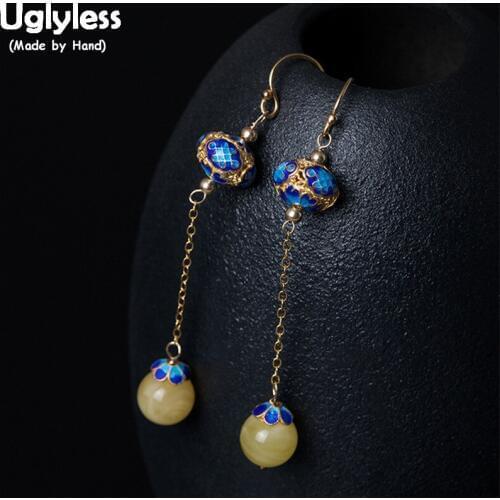 Uglyless 14K Filled Gold 9K Gold Retro Palace Earrings for Women Luxury Amber Balls Dangle Earrings Exotic Long Earrings Ethnic