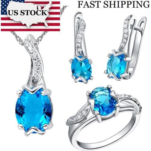 USA STOCK Uloveido Blue Crystal Wedding Jewelry Sets for Women Ring Choker Necklace and Earrings African Jewelry Gifts 30% T231