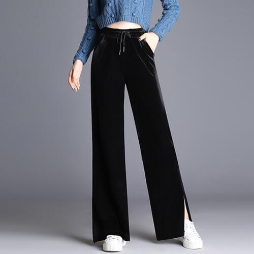 Spring Fall Fashion Casual Woman Elastic High Waisted Placket Wide Leg Black Velvet Pants , Female 2018 Womens Velour Trousers