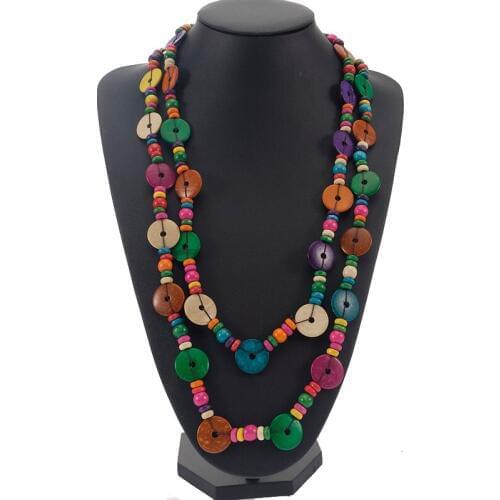 Boho Statement Vintage Necklace Choker Jewelry Long Pendant Necklace Women Wooden Bead Pendant Ethnic Handmade Colorful Necklace