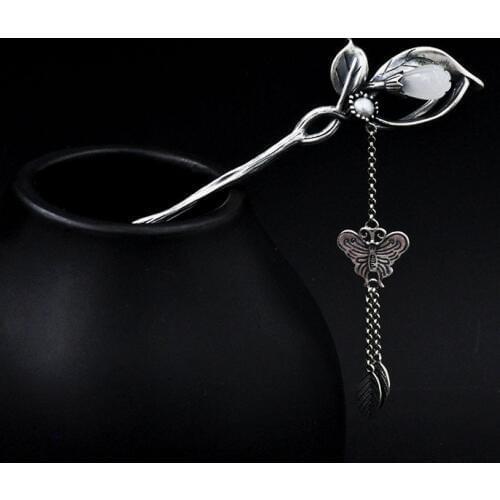 Butterfly Dangle Hair Stick Pearl Beads Hairpin 925 Sterling Silver Jewelry Real Stone Chinese Handmade Ethnic Women Hair Pins