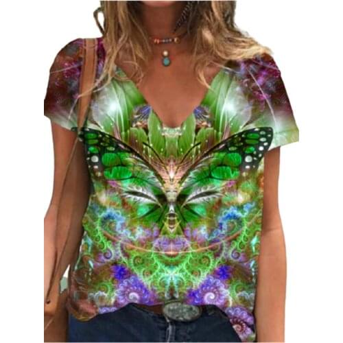 3D Animal Butterfly Print T Shirt Women 2021 New Summer Short Sleeve V-Neck Casual Streetwear Tops Female Loose Plus Size Shirt