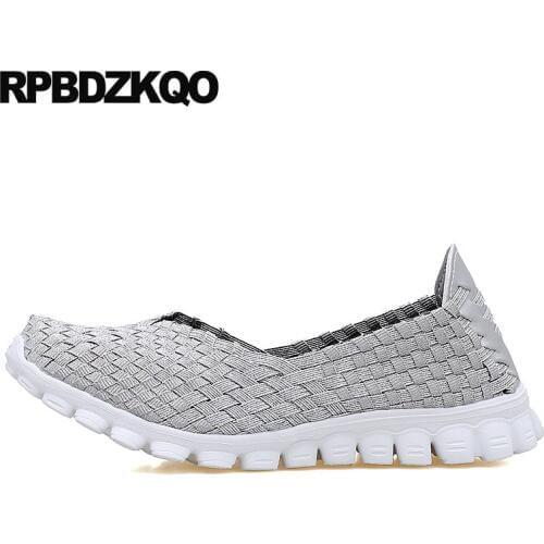 Women lightweight woven elastic shoes silver flats chinese slip on breathable summer navy blue designer round toe cheap 2018