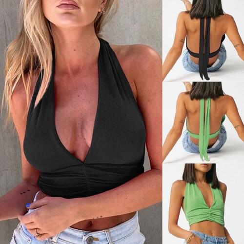 Women Fashion Casual Solid Color Open Back Sleeveless Deep V Pleated Vest Sexy Girls Sling Vest For Daily Dance Performance
